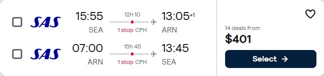 Cheap flights from Seattle to Stockholm, Sweden for only $401 roundtrip with Scandinavian Airlines. Flight deal ticket image.