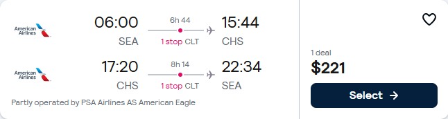Click here to book this cheap flight deal. Cheap flights from Seattle to Charleston, South Carolina for only $221 roundtrip with American Airlines. Also works in reverse. Flight deal ticket image.