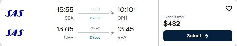Non-stop flights from Seattle to Copenhagen, Denmark for only $432 roundtrip with Scandinavian Airlines. Flight deal ticket image.