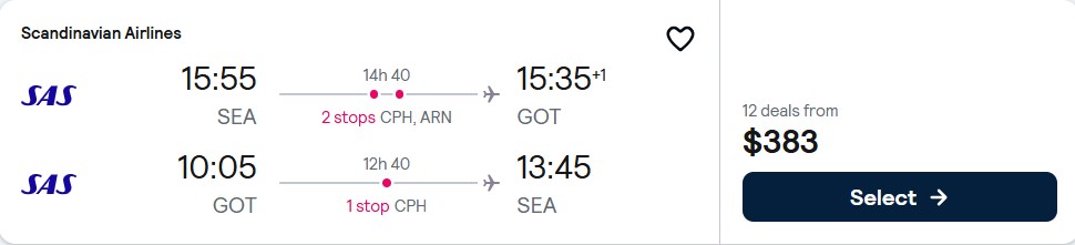 Click here to book this cheap flight deal. Cheap flights from Seattle to Gothenburg, Sweden for only $383 roundtrip with Scandinavian Airlines. Flight deal ticket image.