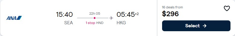 Cheap flights from US cities to Hong Kong from only $296 one-way with All Nippon Airways and United Airlines. Flight deal ticket image.