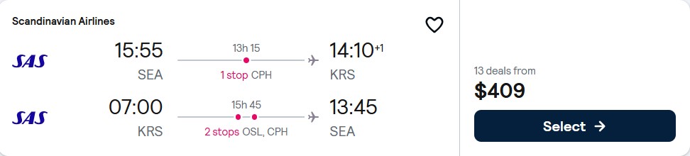 Click here to book this cheap flight deal. Cheap flights from Seattle to Kristiansand, Norway for only $409 roundtrip with Scandinavian Airlines. Flight deal ticket image.