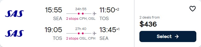 Click here to book this cheap flight deal. Cheap flights from Seattle to Tromso, Norway for only $436 roundtrip with Scandinavian Airlines. Flight deal ticket image.