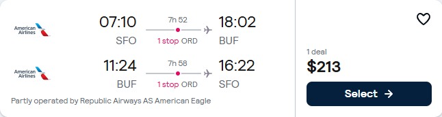 Click here to book this cheap flight deal. Cheap flights from San Francisco to Buffalo for only $213 roundtrip with American Airlines. Also works in reverse. Flight deal ticket image.