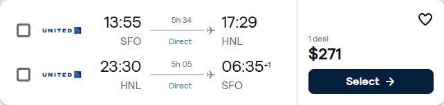 Click here to book this cheap flight deal. Non-stop flights from San Francisco to Honolulu, Hawaii for only $271 roundtrip with United Airlines. Also works in reverse. Flight deal ticket image.