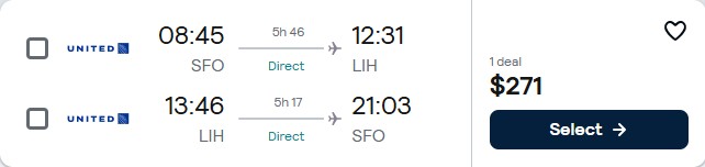 Click here to book this cheap flight deal. Non-stop flights from San Francisco to Lihue, Hawaii for only $271 roundtrip with United Airlines. Also works in reverse. Flight deal ticket image.