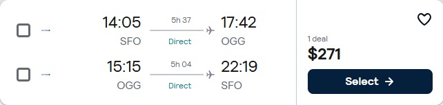 Non-stop flights from San Francisco to Kahului, Hawaii for only $271 roundtrip with United Airlines. Also works in reverse. Flight deal ticket image.