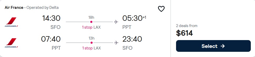 Click here to book this cheap flight deal. Christmas and New Year flights from San Francisco to Tahiti, French Polynesia for only $614 roundtrip with Delta Air Lines and Air France. Flight deal ticket image.
