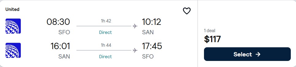 Non-stop flights from San Francisco to San Diego for only $117 roundtrip with United Airlines. Also works in reverse. Flight deal ticket image.