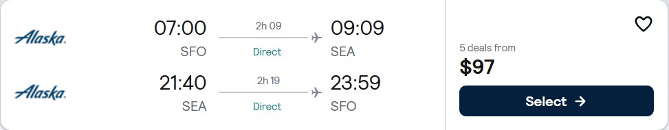Click here to book this cheap flight deal. Non-stop flights from San Francisco to Seattle for only $97 roundtrip with Alaska Airlines. Also works in reverse. Flight deal ticket image.
