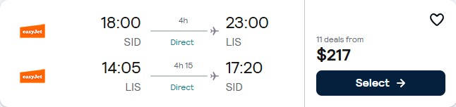 Click here to book this cheap flight deal. Non-stop flights from Sal, Cape Verde to Lisbon, Portugal for only $222 USD roundtrip. Flight deal ticket image.