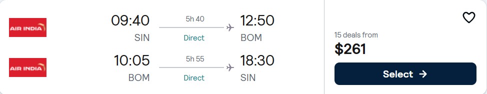 Click here to book this cheap flight deal. Non-stop flights from Singapore to Mumbai, India for only $261 USD roundtrip. Flight deal ticket image.