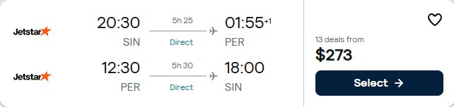 Click here to book this cheap flight deal. Non-stop flights from Singapore to Perth, Australia for only $274 USD roundtrip with Jetstar. Flight deal ticket image.