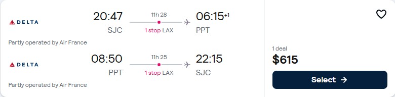 Click here to book this cheap flight deal. Cheap flights from San Jose, California to Tahiti, French Polynesia for only $621 roundtrip with Delta Air Lines and Air France. Flight deal ticket image.