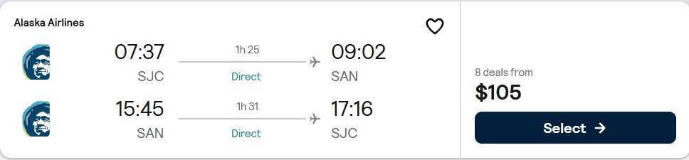 Click here to book this cheap flight deal. Non-stop flights from San Jose, California to San Diego for only $105 roundtrip with Alaska Airlines. Also works in reverse. Flight deal ticket image.