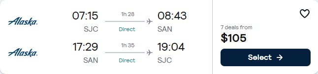 Click here to book this cheap flight deal. Non-stop flights from San Jose, California to San Diego for only $105 roundtrip with Alaska Airlines. Also works in reverse. Flight deal ticket image.