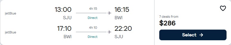 Non-stop flights from San Juan, Puerto Rico to Baltimore, USA for only $286 USD roundtrip with JetBlue. Flight deal ticket image.