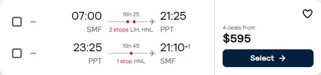 Click here to book this cheap flight deal. Cheap flights from Sacramento, California to Tahiti, French Polynesia for only $595 roundtrip with Alaska Airlines. Flight deal ticket image.