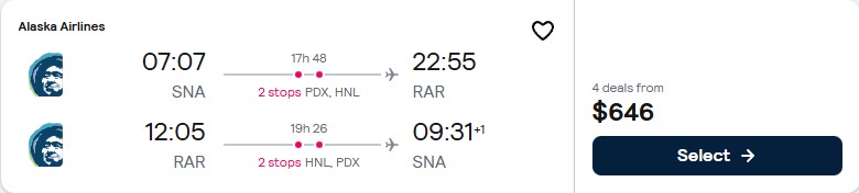Click here to book this cheap flight deal. Cheap flights from Santa Ana, California to the Cook Islands for only $646 roundtrip with Alaska Airlines. Flight deal ticket image.