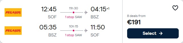 Cheap flights from European cities to Bishkek, Kyrgyzstan from only €191 roundtrip. Flight deal ticket image.