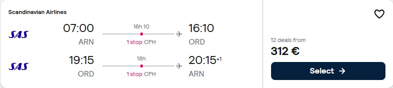 Click here to book this cheap flight deal. Cheap flights from Stockholm, Sweden to Chicago, USA for only €313 roundtrip with Scandinavian Airlines. Flight deal ticket image.
