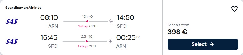 Click here to book this cheap flight deal. Cheap flights from Stockholm, Sweden to San Francisco, USA for only €398 roundtrip with Scandinavian Airlines. Flight deal ticket image.