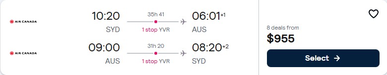 Click here to book this cheap flight deal. Cheap flights from Sydney, Australia to Austin, Texas for only $935 AUD roundtrip with Air Canada. Flight deal ticket image.