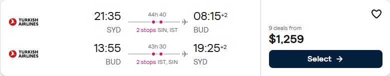 Click here to book this cheap flight deal. Cheap flights from Sydney, Australia to Budapest, Hungary for only $1259 AUD roundtrip with Turkish Airlines. Flight deal ticket image.