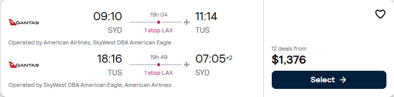 Summer flights from Sydney, Australia to Tucson, Arizona for only $1357 AUD roundtrip with American Airlines and Qantas. Flight deal ticket image.