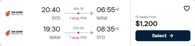 Christmas and New Year flights from Sydney, Australia to Warsaw, Poland for only $1200 AUD roundtrip. Flight deal ticket image.