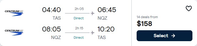 Non-stop, Christmas flights from Tashkent, Uzbekistan to Astana, Kazakhstan for only $158 USD roundtrip. Flight deal ticket image.