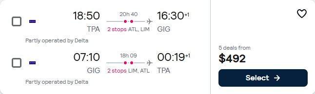 Click here to book this cheap flight deal. Cheap flights from Tampa, Florida to Rio de Janeiro, Brazil for only $492 roundtrip with Delta Air Lines and LATAM Airlines. Flight deal ticket image.