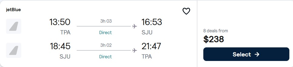Click here to book this cheap flight deal. Non-stop flights from Tampa, Florida to San Juan, Puerto Rico for only $238 roundtrip with JetBlue. Flight deal ticket image.