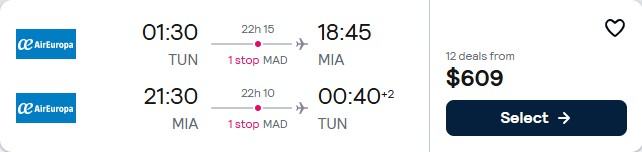 Cheap flights from Tunis, Tunisia to Miami, USA for only $609 USD roundtrip with Air Europa. Flight deal ticket image.