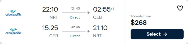 Click here to book this cheap flight deal. Non-stop flights from Tokyo, Japan to Cebu, Philippines for only $268 USD roundtrip. Flight deal ticket image.