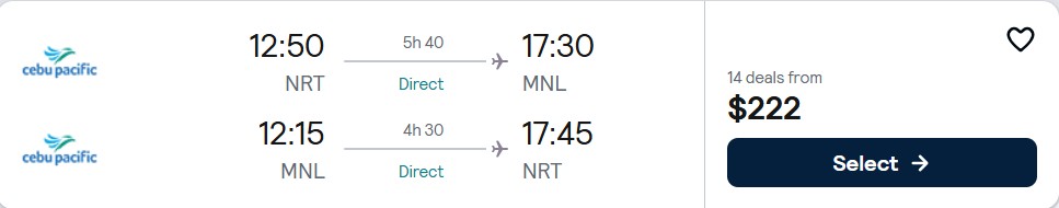 Click here to book this cheap flight deal. Non-stop flights from Tokyo, Japan to Manila, Philippines for only $222 USD roundtrip. Flight deal ticket image.