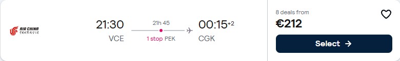 Click here to book this cheap flight deal. Summer flights from Venice, Italy to Jakarta, Indonesia for only €211 one-way. Flight deal ticket image.