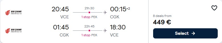 Click here to book this cheap flight deal. Cheap flights from Venice, Italy to Jakarta, Indonesia for only €434 roundtrip. Flight deal ticket image.