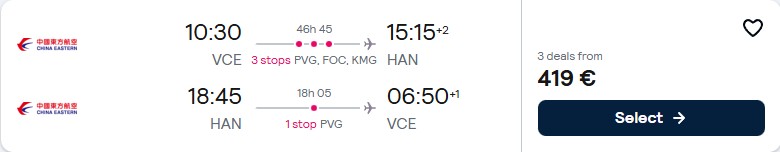 Click here to book this cheap flight deal. Cheap flights from Venice, Italy to Hanoi, Vietnam for only €418 roundtrip. Flight deal ticket image.