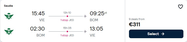 Cheap flights from Vienna, Austria to Mumbai, India for only €311 roundtrip. Flight deal ticket image.