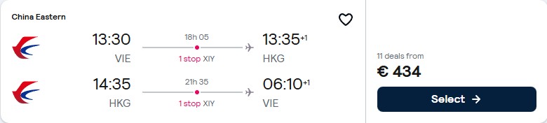 Click here to book this cheap flight deal. Cheap flights from Vienna, Austria to Hong Kong for only €422 roundtrip. Flight deal ticket image.