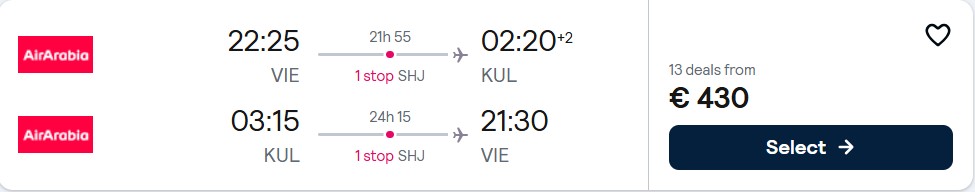Click here to book this cheap flight deal. Cheap flights from Vienna, Austria to Kuala Lumpur, Malaysia for only €430 roundtrip. Flight deal ticket image.