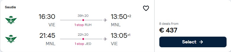 Click here to book this cheap flight deal. Cheap flights from Vienna, Austria to Manila, Philippines for only €437 roundtrip. Flight deal ticket image.