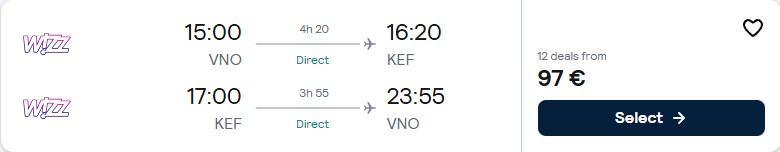Click here to book this cheap flight deal. Non-stop flights from Vilnius, Lithuania to Reykjavik, Iceland for only €97 roundtrip. Flight deal ticket image.