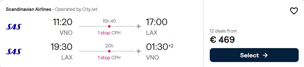 Cheap flights from Vilnius, Lithuania to Los Angeles, USA for only €469 roundtrip with Scandinavian Airlines. Flight deal ticket image.