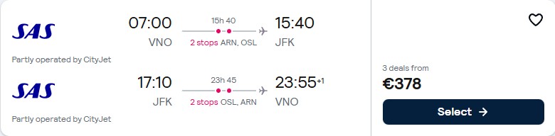 Cheap flights from Vilnius, Lithuania to New York, USA for only €378 roundtrip with Scandinavian Airlines. Flight deal ticket image.