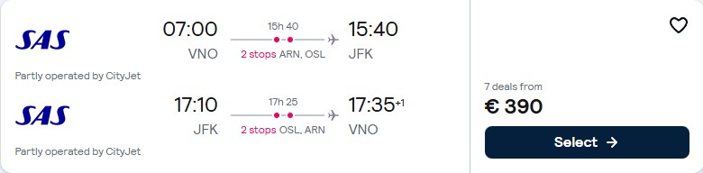 Click here to book this cheap flight deal. Cheap flights from Vilnius, Lithuania to New York, USA for only €390 roundtrip with Scandinavian Airlines. Flight deal ticket image.