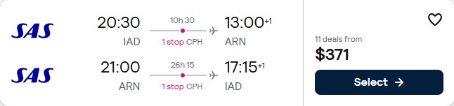 Click here to book this cheap flight deal. Cheap flights from Washington DC to Stockholm, Sweden for only $371 roundtrip with Scandinavian Airlines. Flight deal ticket image.