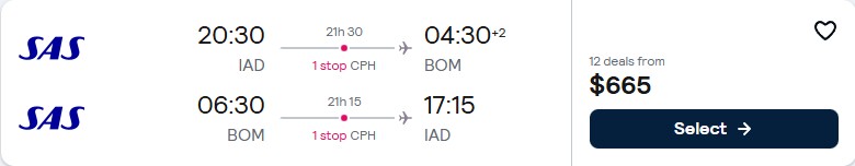 Cheap flights from Washington DC to Mumbai, India for only $665 roundtrip with Scandinavian Airlines. Flight deal ticket image.