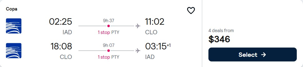 Click here to book this cheap flight deal. Cheap flights from Washington DC to Cali, Colombia for only $346 roundtrip with Copa Airlines. Flight deal ticket image.